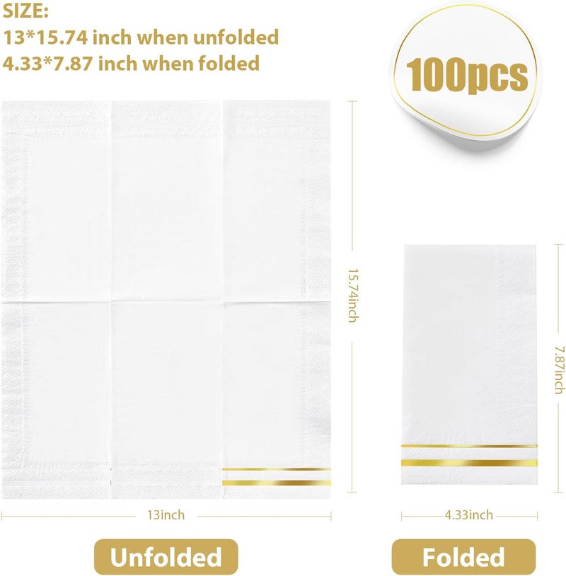 Tamone 100PCS 3-Ply Gold Napkins - White and Gold Paper Napkins Disposable - Premium Quality Dinner Napkins Soft and Absorbent for Wedding Party Birthday - Image 2